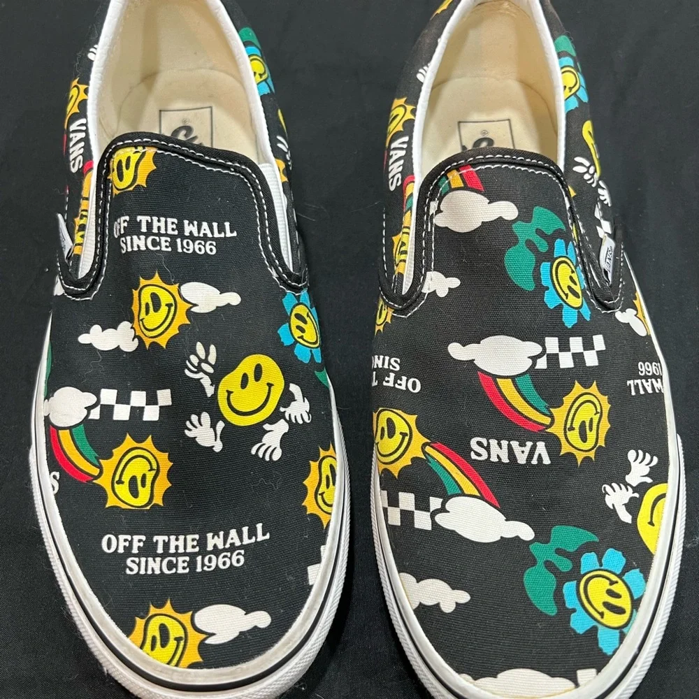 Vans Slip-On Sneakers - Black with Yellow and Blue Print - Picture 1 of 3